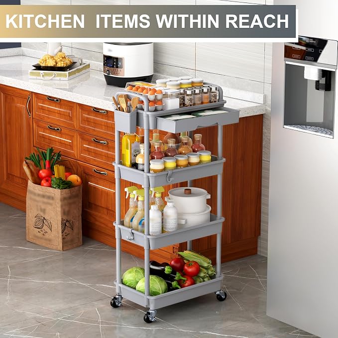 Goovilla 4 Tier Rolling Utility Cart Organizer with Removable Drawer, Grey | Stable and Sturdy Rolling Storage Carts with 2 Lockable Wheels for Bathroom, Kitchen, Snack, Craft, Makeup, Baby Essentials