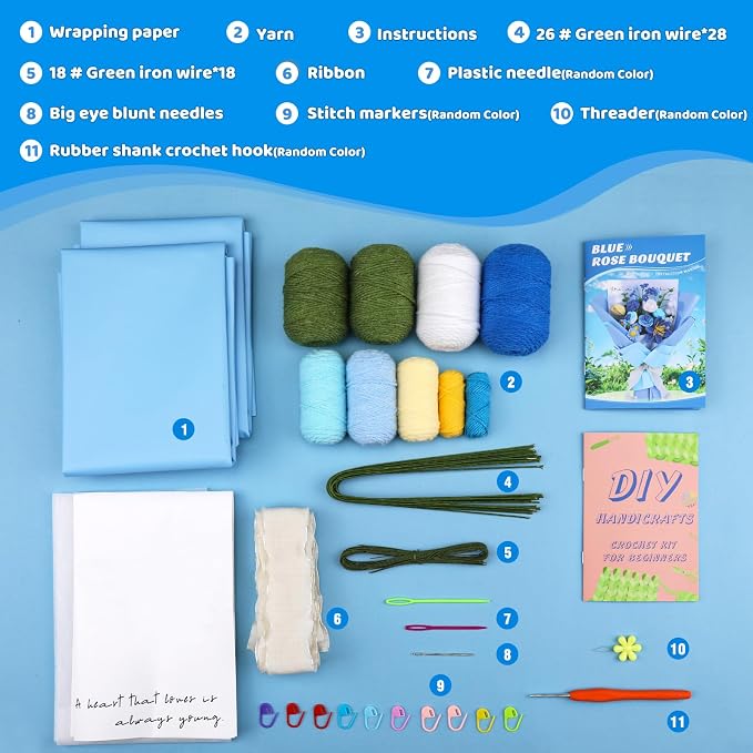 Iuuidu Crochet Kit, Flower Bouquet Crochet Kit for Beginners Blue