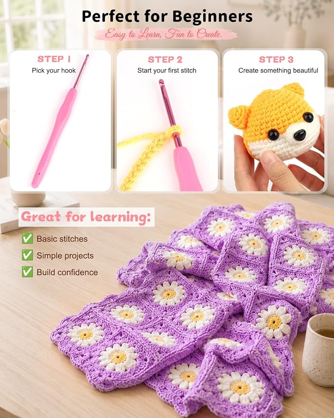 Aeelike Crochet Kit for Beginners- Ideal DIY Craft Gift for Women, Pink | Crochet Starter Kits with Yarn, Ergonomic Hooks & Storage Case, Learn-to-Crochet Set for Adults, Kids & Seniors