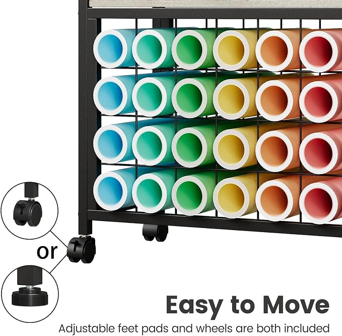 VENNQD Organizer and Storage Stand Compatible with Cricut Machines,Rolling Storage Cart/Shelf with 24 Vinyl Roll Holders，2 Fabric Drawer,Accessories Holder,Tool Hook for Craft Room Home (Greige)