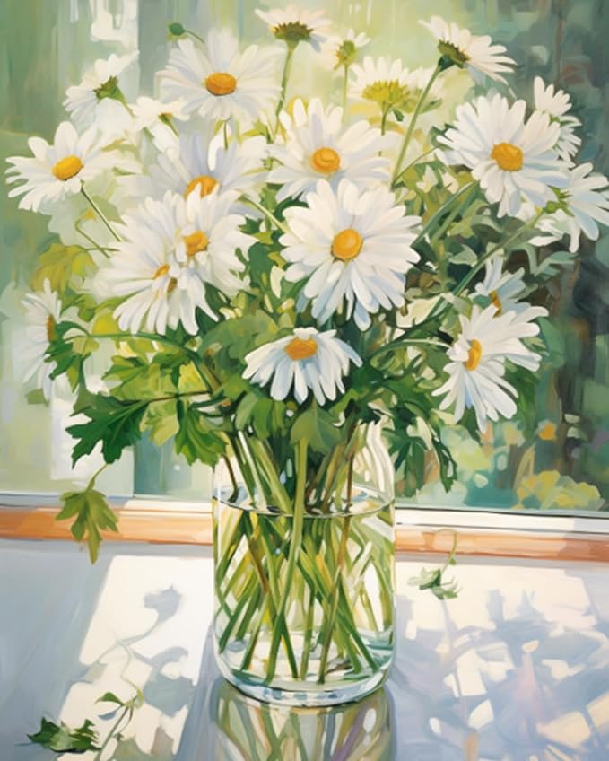 Tucocoo White Daisy DIY Paint by Numbers for Adults White Flowers with Green Leaves in Vase DIY Oil Painting Kits Canvas with Acrylic Paint Floral Plant Art 16x20 Inch （DIY Frame ）