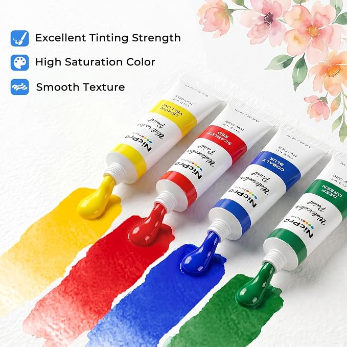 Nicpro Watercolor Paint Set for Adults, 36 Colors Watercolor Paint Tube | 12ml/0.4oz Tube, High Pigment Travel Water Color Painting Supplies for Artists Beginners, Color Wheel & Swatch Cards Included