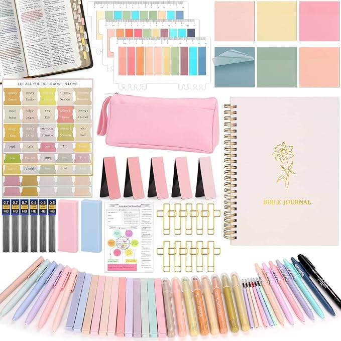 Flasoo 106 Pack Bible Study Supplies Journaling Kit for Women, Church Journal Note Taking Annotation Kit, Tabs and Highlighters Set with Pencil Case and More Bible Accessories Christian Gift