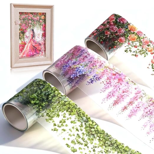 3 Rolls Floral Washi Tape Set, Colorful Rose Vine Scrapbook Tape Self-Adhesive Washi Tapes Vintage Flower Stickers for Journaling, PET Floral Tape Stickers for Scrapbooking Junk Journal Supplies