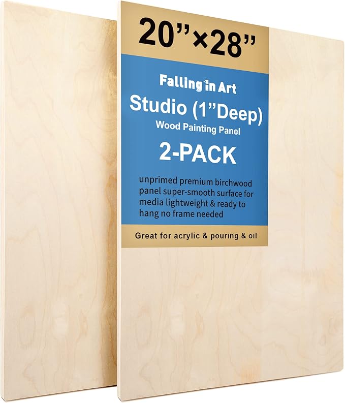 Falling in Art 2 Pack 20x28 Unfinished Birch Wood Panels Kit for Painting | Studio 1’’ Deep Wood Canvas, Cradle Boards for Acrylic Pouring, Art, Crafts, Epoxy Resin, Laser Engraving Cutting