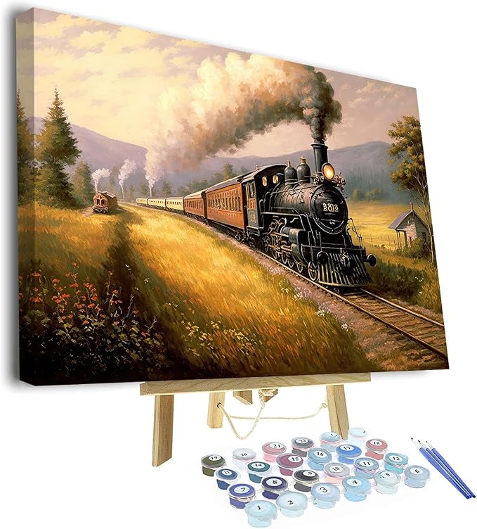 TUMOVO Paint by Numbers Kit for Adults - Vintage Locomotive Traveling Through a Charming Countryside Village, Landscape Art, Painting by Numbers Canvas, 16x20 Inch(Framed)