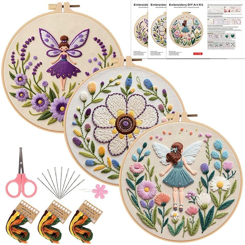 Konrisa Embroidery Kits for Adults, 3pcs Elf Flower Fairy Floral Embroidery Starter Kit DIY Sewing Practice with Hoop,Needlepoint Cross Stitch Kit
