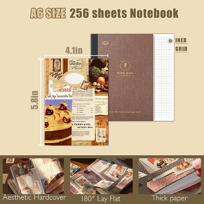Scrapbooking Supplies Kit, A6 Grid Notebook, Vintage Junk Journaling Kit