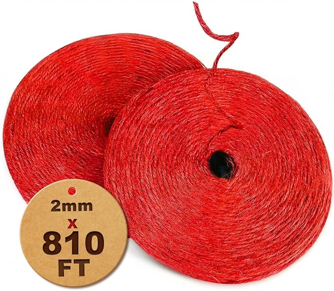 810FT Natural Jute Twine String Bulk Hemp Rope Cord for Crafts Gardening Gift Wrapping Wedding Décor Packing Material Burlap Ribbon Christmas Knitting Macrame Decoration (Red 2mm* 810ft)