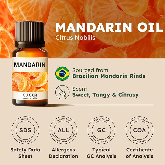 Kukka 100% Pure Mandarin Essential Oil for Skin, Diffuser, 0.34 Fl Oz | Undiluted Mandarin Oil for Calming Diffuser Blends, Hair Care, Skin Care & DIY Soap Making