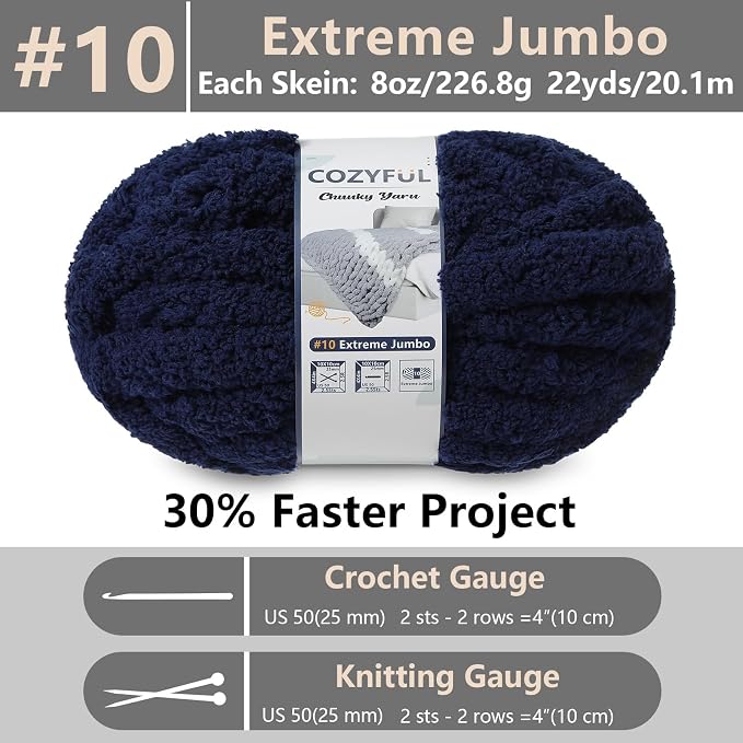 Cozyful Chunky Yarn for Hand Knitting - #10 Chunky Chenille Yarn, Jumbo Big Thick Chunky Yarns for Crocheting, Super Bulky Chunky Knit Blanket Yarns, 8 Skein (22 yds 8 oz Each Skein), Navy Blue