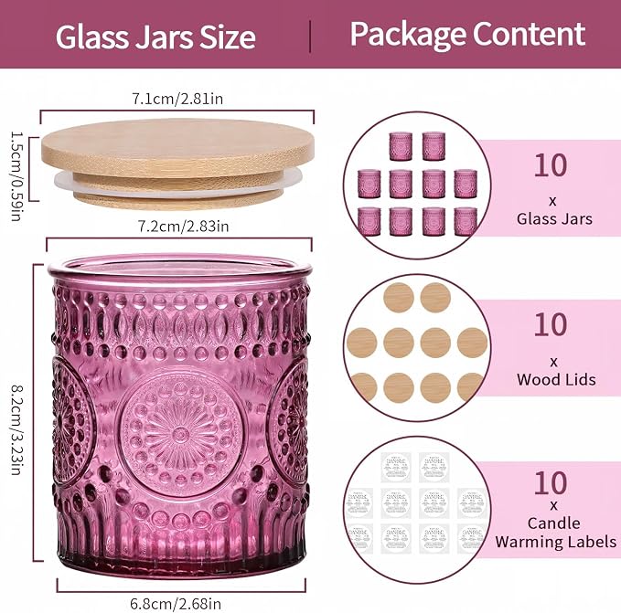 DARJEN 10 Pcs 8oz Glass Candle Jars with Lids, Candle Tins-Purple | Premium Thick Glass, Secure Wooden Lids- Candle Jars for DIY Candle Making, Stunning Sunflower Design