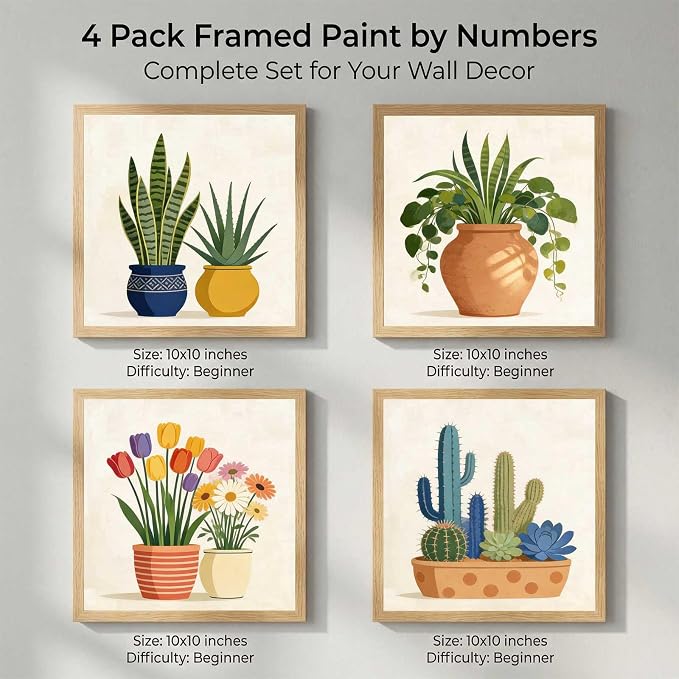 Amphol Framed Paint by Numbers Kit for Adults Beginners - 4 Pack 10”x10” Easy Plant Potted Paint by Number on Framed Canvas, DIY Small Frame Painting Arts with Acrylic Paints for Home Wall Decor Gift