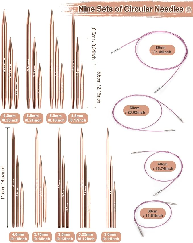 Aeelike Interchangeable Knitting Needles Set for DIY Crafts, Rose Gold | Aluminum Interchangeable Knitting Needles with 4 Cables, Smooth Complete Needles Set for Socks Blankets Sweaters, Ideal Gift