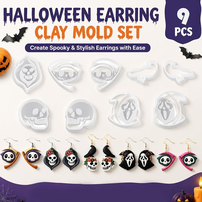 9pcs Halloween Horror Polymer Clay Cutters - Skeleton/Masked Ghost/Skeleton Crow/Demon Scythe, Ideal for April Fools' Day Earrings & Jewelry Making Supplies