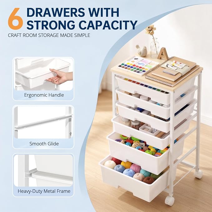 Delamu Rolling Storage Cart with 6 Drawers, Utility Craft Storage Cart | Storage Drawers Cart with Wooden Tabletop and Lockable Casters for Classroom Office Dorm Craft Art Supplie, White