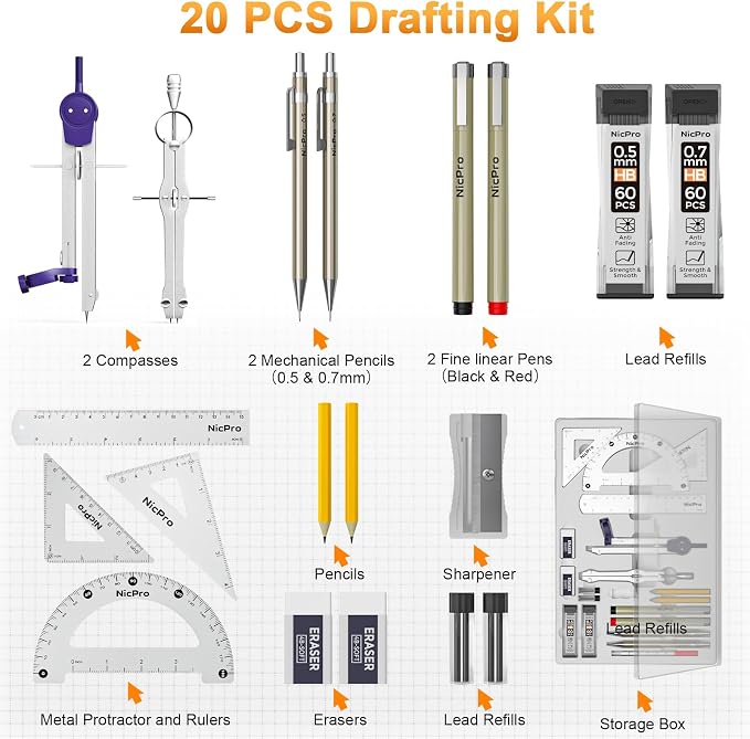 Nicpro 20PCS Professional Geometry Set Drafting Tool Protractor Compass | With Case, Metal Rulers, Triangles, Pens, Pencils, Drawing Supplies, Drafting Kit for Architecture and Engineering Students