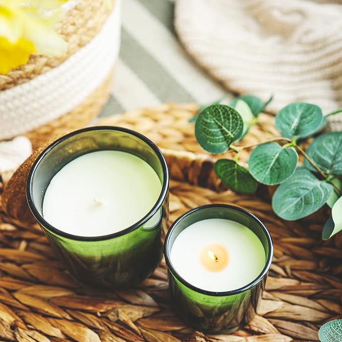 SHOWIN Thick Candle Jars for Making Candles 12 Pcs, 7 OZ Empty Jars with Wood Lids for Candle Making, Sample Container, Clear Green