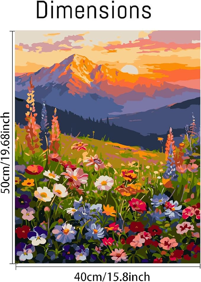 Clendo Landscape Paint by Numbers Kit for Adults Beginner, Flower Mountain Adult Paint by Number Kits on Canvas, Sunset Oil Painting Kit for Beginners Gift Home Wall Decor 16x20 Inch