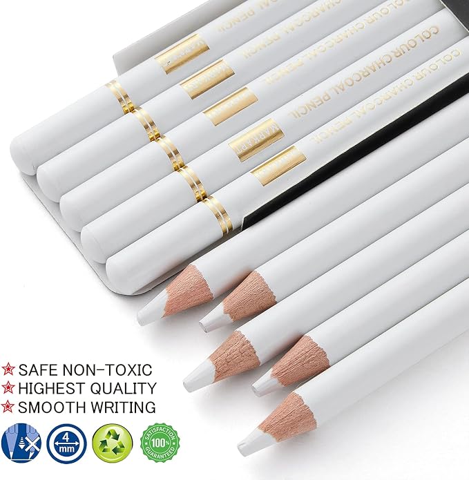 MARKART Professional White Charcoal Pencils Set, 5 Pieces | Sketch Highlight Charcoal Pencils for Drawing, Sketching, Shading, Blending, White Chalk Pencils for Beginners & Artists