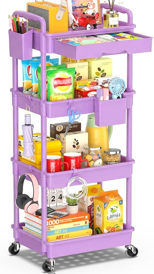 SUNALLY 4 Tier Rolling Cart with Drawer,Craft Storage Cart Organizer,Purple