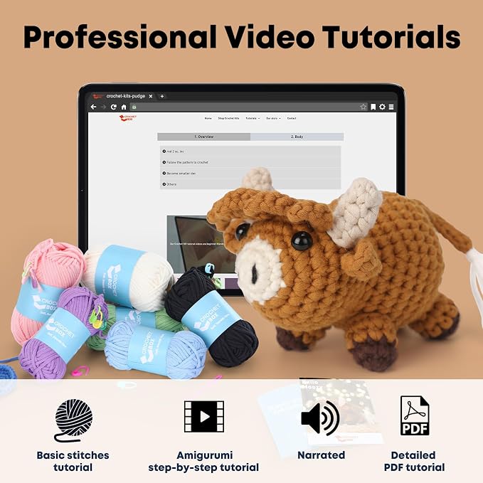 CrochetBox Crochet Kit for Beginners Adults - Highland Cow Starters Crochet Kit, Beginners Crocheting Kitting for Adults Teen, Craft Gifts with Crochets Yarns, Hook, Step-by-Step Video, Instruction