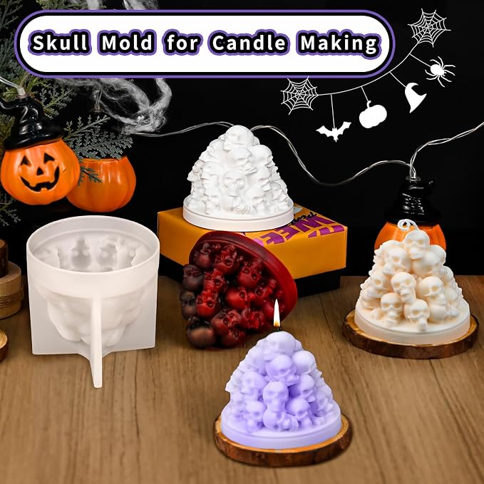 Hallowee Skull Candle Mold, Stacked 3D Skeletons Head Silicone Mold | Durable Non-Stick Halloween Craft Molds for Epoxy Resin Casting, Concrete & Soap, DIY Home Decor Party Creative Gift Making