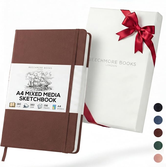 Beechmore Books A4 8.5x11 Mixed Media Sketchbook 160 GSM/98LB with Gift Box | Hardcover Art Journal with Lay-Flat Binding, 156 Perforated Ivory Pages for Drawing, Ink & Light Watercolor