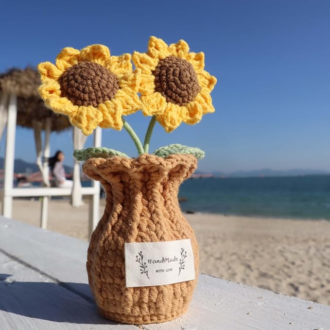 Crochet Sunflower Gift for Mom – Handmade Double Sunflower Pot, Cute Mother’s Day & Birthday Gift for Women, Dad, Teacher, Friend, Coworker, Inspirational Desk Decor