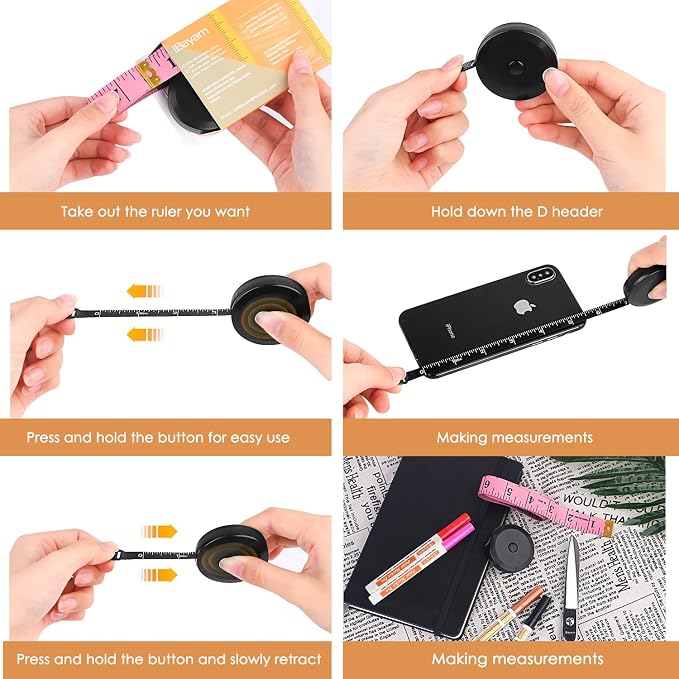 iBayam 2 Pack Tape Measure Measuring Tape for Body Fabric Sewing 60"/150cm | Soft Pink & Retractable Black Double Scales Ruler, Vinyl Measuring Tape for Tailor Home Craft Body Weight Loss Cloth Knitting