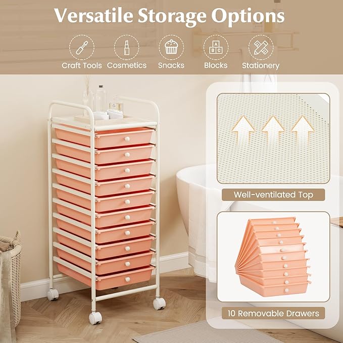 COSTWAY 10-Drawer Rolling Storage Cart, Utility Mobile Trolley