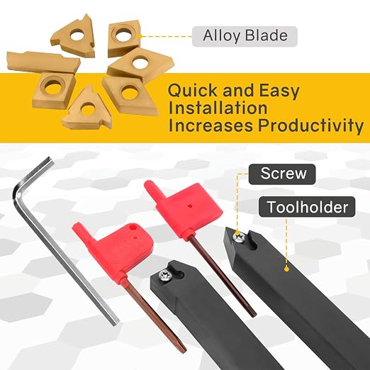 Indexable Lathe Turning Tool 21Pcs Kit 5/16" 8mm Shank 7 Pcs Metal Lathe Tool Holder Set with 14 Pcs Turning Inserts for Turning Grooving Threading Boring Carbide Inserts Carbide Turning Tool