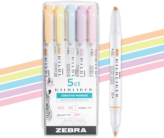 Zebra Pen MILDLINER No Bleed Highlighter, Gentle Colors, Dual Tip, 5-Pack