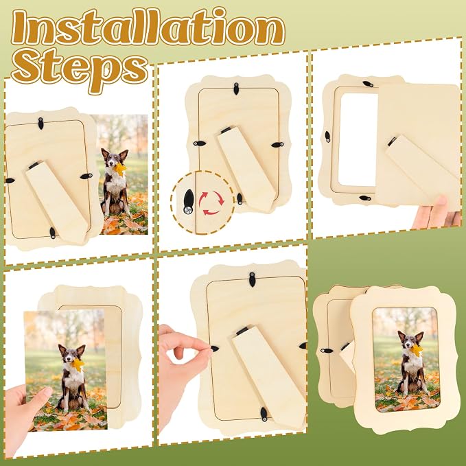 VOKOY 4 Pack Wooden Picture Frames for Crafts, DIY Wood Craft Picture Frames for 4" x 6" Photos,Unfinished Standing Photo Frames Wood Decorate for Birthday Party Gifts, Vintage Shape
