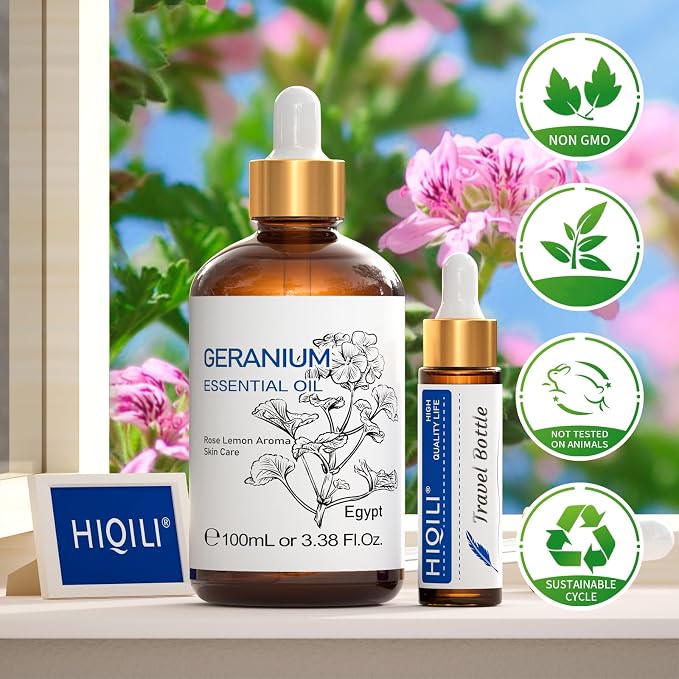 HIQILI Geranium Essential Oil for Skin Care & Aromatherapy diffusing