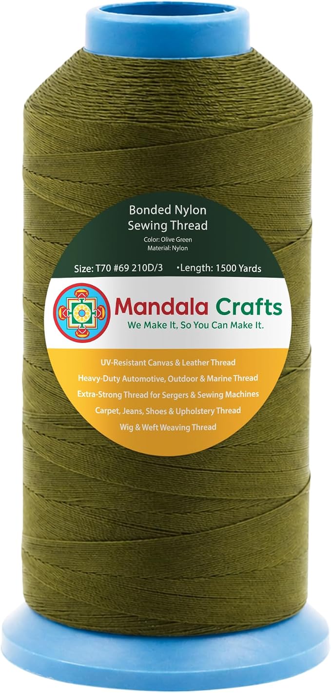 Mandala Crafts Size 69 210D T70 Olive Green Bonded Nylon Thread, 1500 YDs