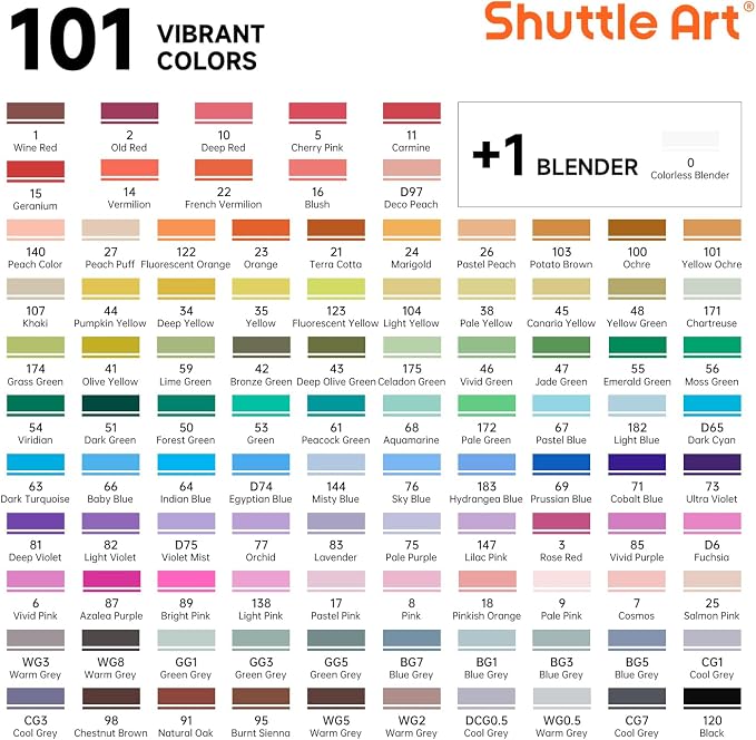 Shuttle Art 101 Colors Alcohol Markers, 100 Colors Dual Tip Art Marker Set Plus 1 Colorless Blender with Marker Case Perfect for Illustration Students Adult Coloring Sketching