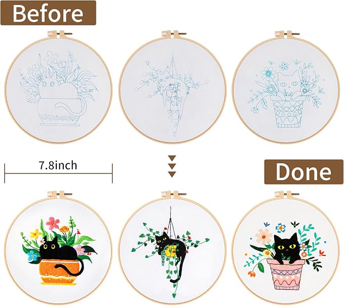 Nuberlic 3 Pack Embroidery Kit for Beginners with Cat Pattern