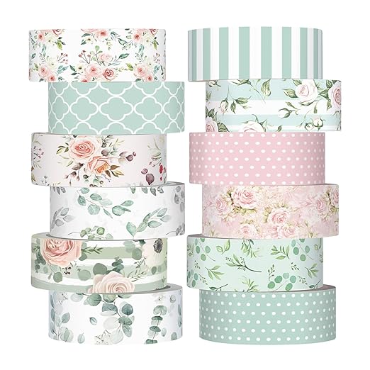 12 Rolls Floral Washi Tape Set,Pink and Green,Spring | Watercolor Flowers Design for Scrapbook Journal DIY Craft School Supplies, 15 mm Vintage Decorative Masking Washi Tapes