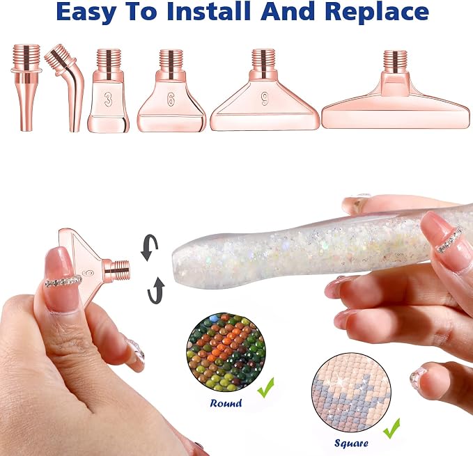 Snewvie Diamond Painting Pen Accessories Tools Set,1PCS Luminous Diamond Art Pen and 6Pcs Rose Gold Metal Screw Thread Multi Placer Tips,Diamond Painting Drill Pens for DIY Diamond Art