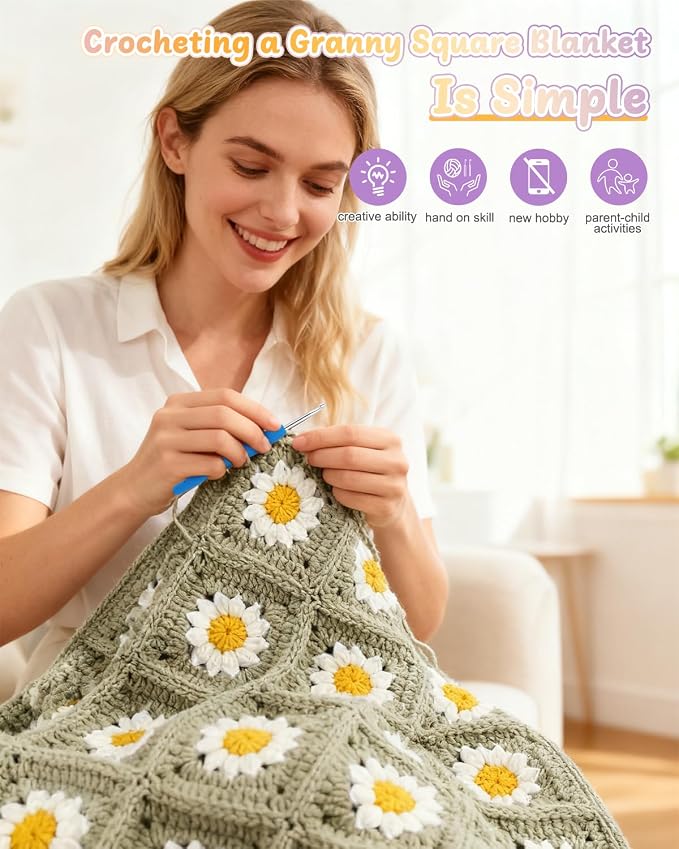 Coopay Crochet Kit for Beginners, Granny Square Crochet Blanket Kit, Camel | Crochet Kit W/Video Tutorial & Digital Instructions, All Accessories Included, Easy Knitting to Create Granny Square Blanket