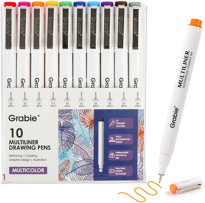 Grabie Micro Fineliner Pens, 10 Multicolor Waterproof Drawing Pens | Waterproof Pigment Ink, 10 Assorted Tip Sizes, Multicolor Fine Lines, Metal-Clad Nibs, Smooth Ink Flow, Smudge Resistant