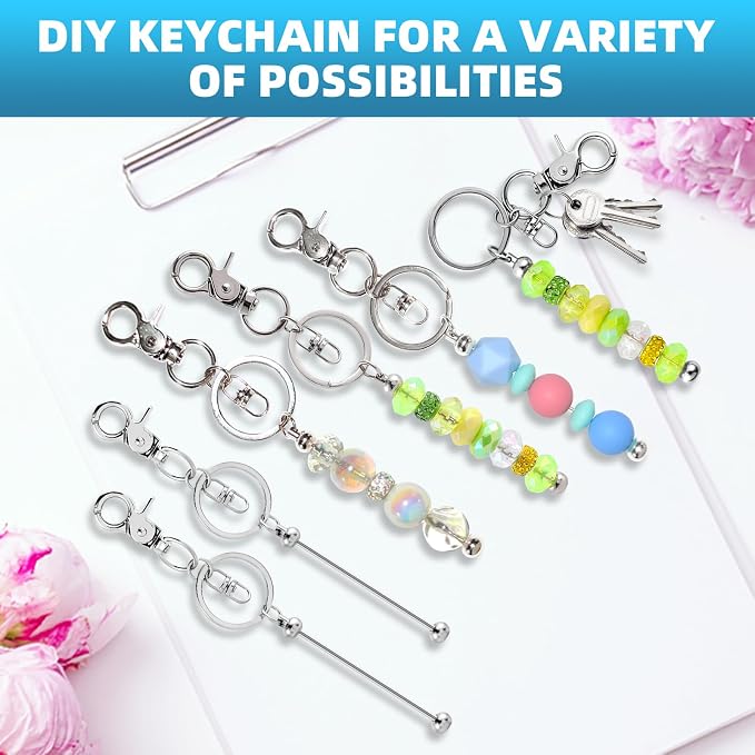 80 Pcs Beadable Keychains Bulk Kit – DIY Keychain Making Supplies with Metal Blanks for Crafts, Jewelry, Charms, Custom Projects – Blank Chain Bars for Beaded Keychain Design (Silver)