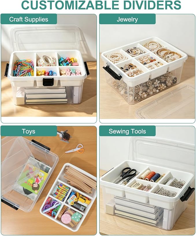 EOENVIVS 17 QT Clear Craft Storage Organizer Box with Removable Tray, Plastic Storage Bins with lids for Kids Art Supplies, Toys, Beads, Tools, Sewing & Classroom Clear+Green Bulcket