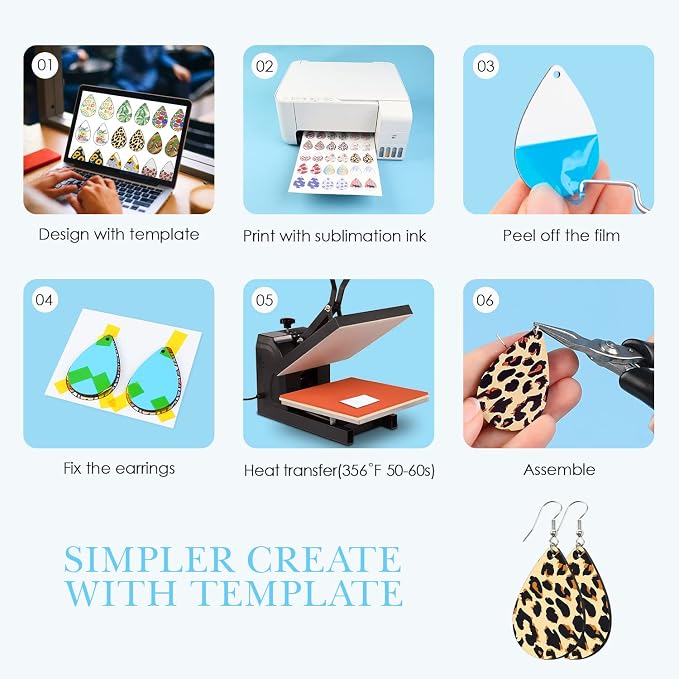 HTVRONT Sublimation Wood Earring Blanks Bulk - 50 Pcs with Blue Protective Film - Unfinished MDF Teardrop Earrings for Sublimation Printing with Template, Weeder, Hooks, Jump Rings