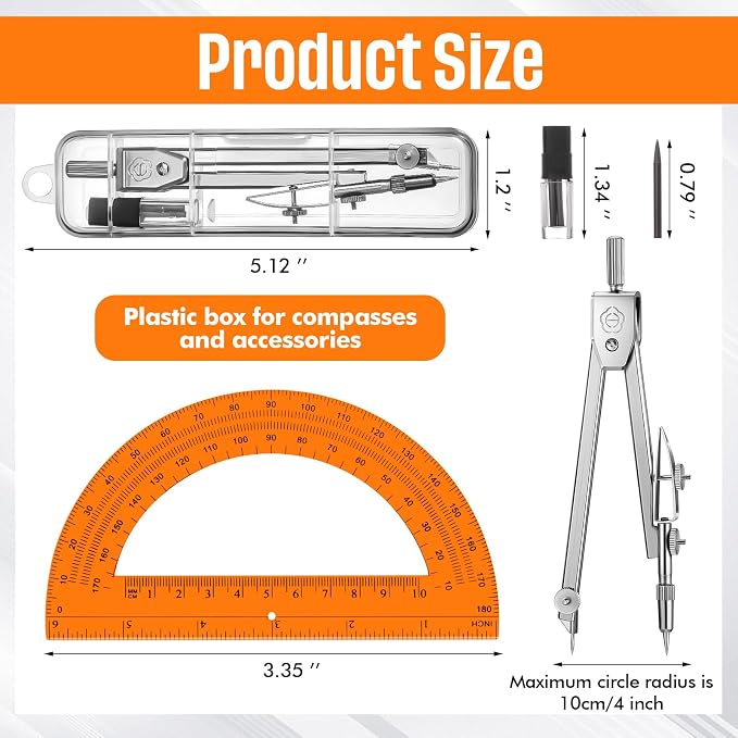 EBOOT Drawing Compass and 6 in Protractor Geometry Set, Orange | Geometry Math Set, Swing Arm Protractor Ruler Compass, Geometry Drawing Tools for Measuring Angles