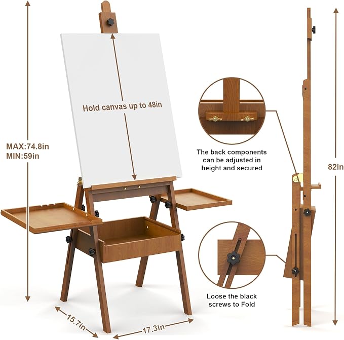 Professional Vintage Wood H-Frame Easel, with 2 Palette and Storage Box | Multi-Function Studio Easel, Professional Foldable Artist Easel Stand for Painting, Holds Canvas Art up to 36"