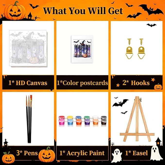 Arttoplus Halloween Framed Paint by Numbers Kit for Adults 10x10inch, Book | Adult Paint by Number Kits on Canvas with Easel for Beginner & Kids Ages 8-12, Easy Acrylic Oil Painting Kits for Home Decor