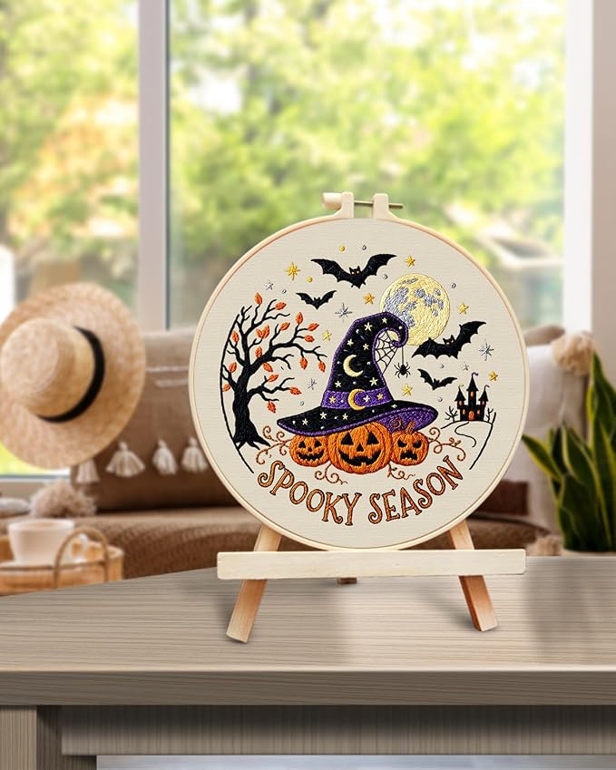 TINDTOP Halloween Embroidery Kit for Adult, Embroidery DIY Starter Kit, with Stamped Patterns, Hoop, Tools, Colorful Threads with Needles, Instructions (Halloween A)