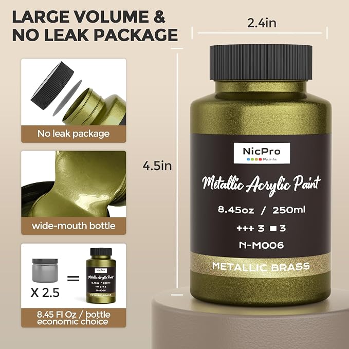 Nicpro Metallic Brass Acrylic Paint, 8.45oz/250ml Large Brass Leaf Paint | Non Toxic, Non Fading Craft Paints for Metal, Wood, Clay, Fabric, Canvas, Furniture, Handcrafts, Art Supplies